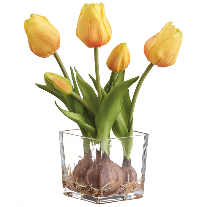 9" Tulip With Bulb Silk Flower Arrangement w/Glass Vase -Yellow (Pack of 6) - LFT533-YE