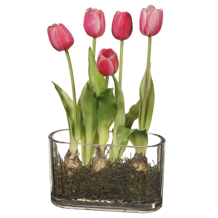 13" Silk Tulip Flower & Bulb Arrangement w/Glass Vase -Pink (pack of 4) - LFT545-PK