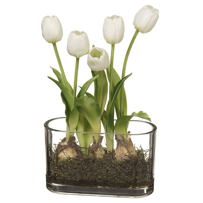 13" Silk Tulip Flower & Bulb Arrangement w/Glass Vase -White (pack of 4) - LFT545-WH