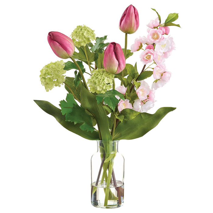 20" Tulip, Blossom & Snowball Silk Flower Arrangement w/Glass Vase -Pink/Green (Pack of 2) - LFT550-PK/GR