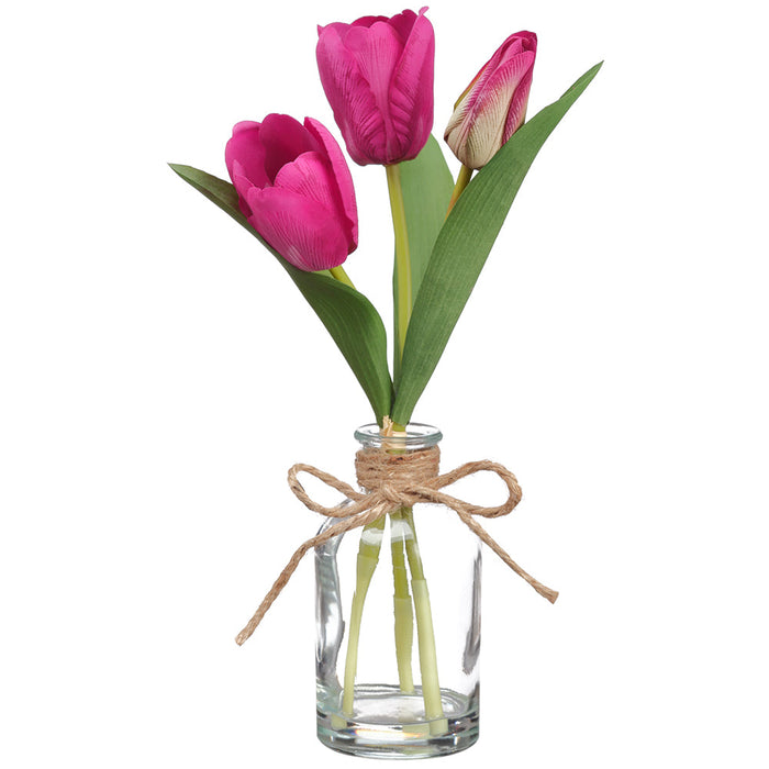 11" Tulip Silk Flower Arrangement w/Glass Vase -Beauty (Pack of 6) - LFT573-BT