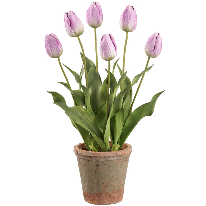 23" Tulip Silk Flower Arrangement w/Clay Pot -Lavender (Pack of 2) - LFT581-LV