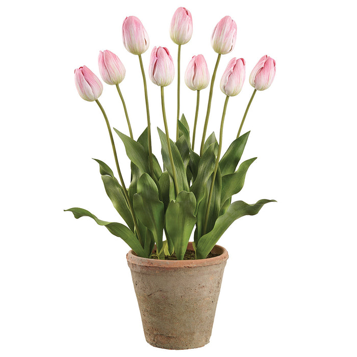 27" Tulip Silk Flower Arrangement w/Clay Pot -Pink (Pack of 2) - LFT582-PK