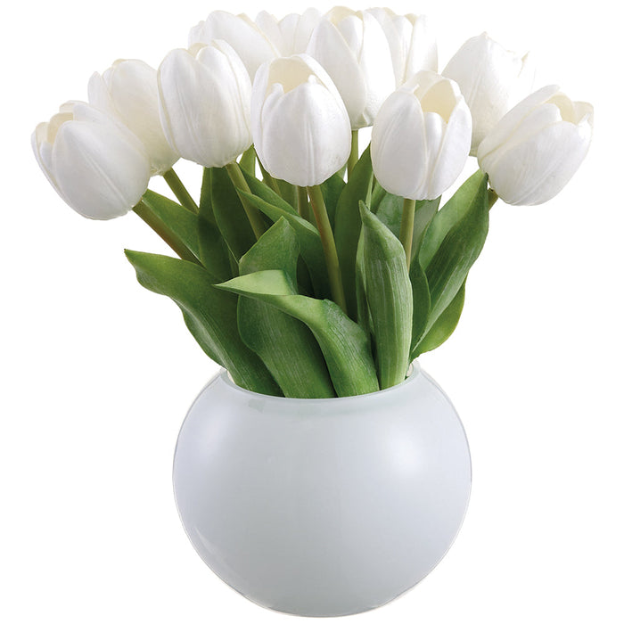 11.5" Tulip Silk Flower Arrangement w/Glass Vase -White (Pack of 4) - LFT587-WH