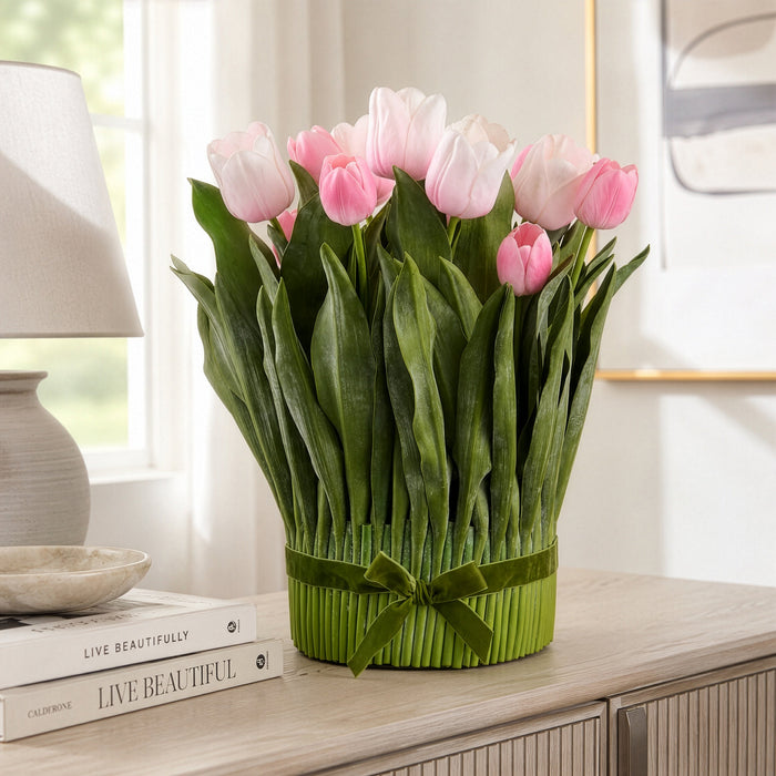 18.5" Tulip Silk Flower Arrangement w/Stem Base -Pink (Pack of 2) - LFT600-PK