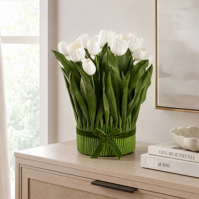 18.5" Tulip Silk Flower Arrangement w/Stem Base -White (Pack of 2) - LFT600-WH