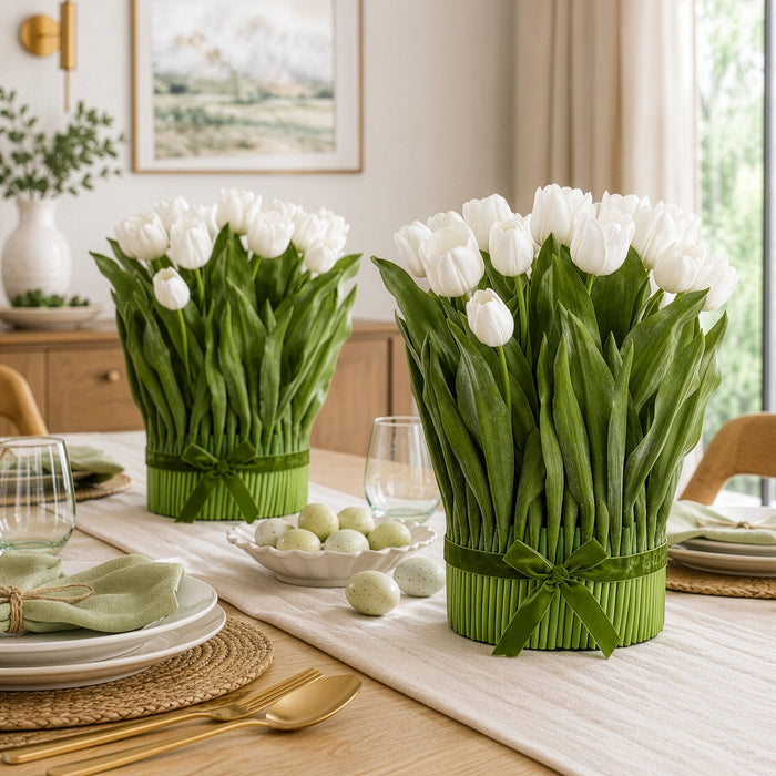 18.5" Tulip Silk Flower Arrangement w/Stem Base -White (Pack of 2) - LFT600-WH