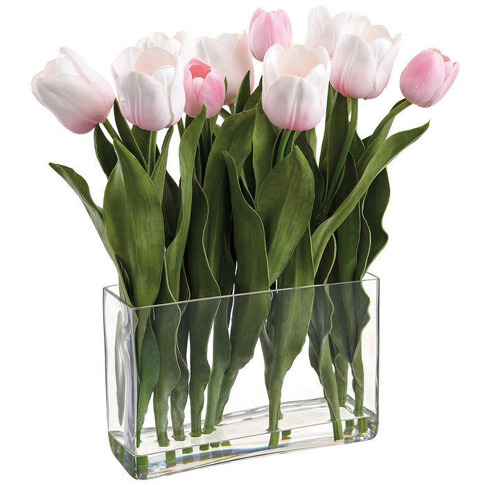 17.5" Tulip Silk Flower Arrangement w/Glass Vase -Pink (Pack of 2) - LFT700-PK
