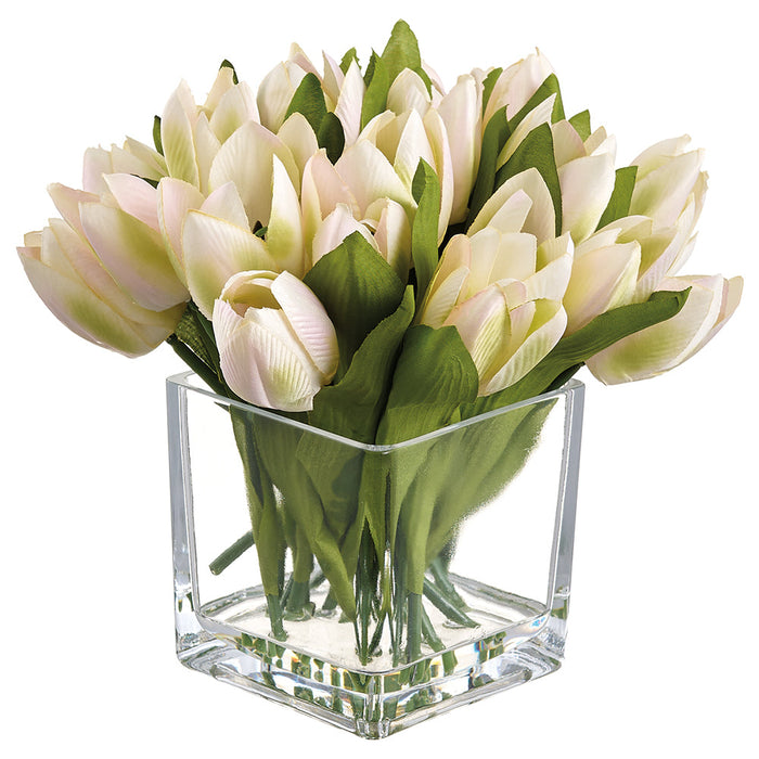 8" Tulip Silk Flower Arrangement w/Glass Vase -Blush/Green (Pack of 6) - LFT732-BS/GR