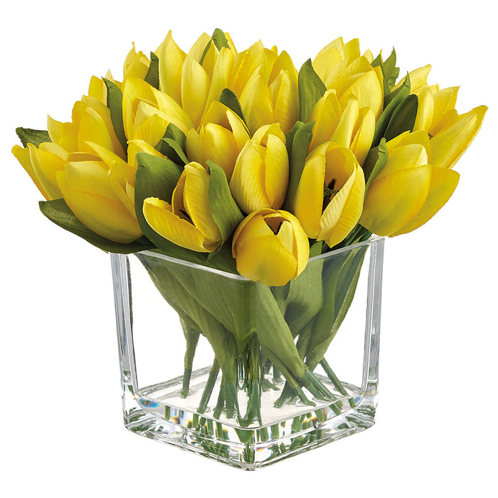8" Tulip Silk Flower Arrangement w/Glass Vase -Yellow (Pack of 6) - LFT732-YE