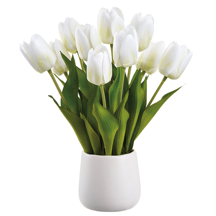 14" Tulip Silk Flower Arrangement w/Ceramic Vase -White/Green (Pack of 6) - LFT733-WH/GR
