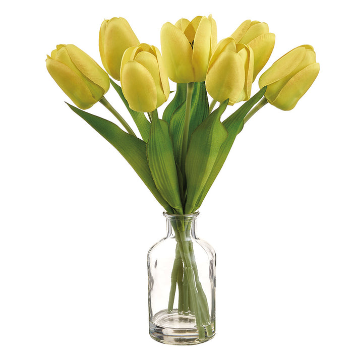 12.5" Tulip Silk Flower Arrangement w/Glass Vase -Yellow (Pack of 12) - LFT735-YE