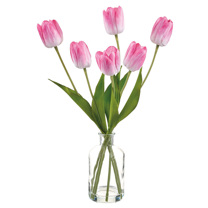 17.5" Tulip Silk Flower Arrangement w/Glass Vase -Soft Pink (Pack of 12) - LFT736-PK/SO