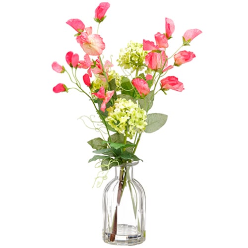 15" Sweet Pea & Snowball Silk Flower Arrangement -Green/Pink (pack of 6) - LFX017-GR/PK
