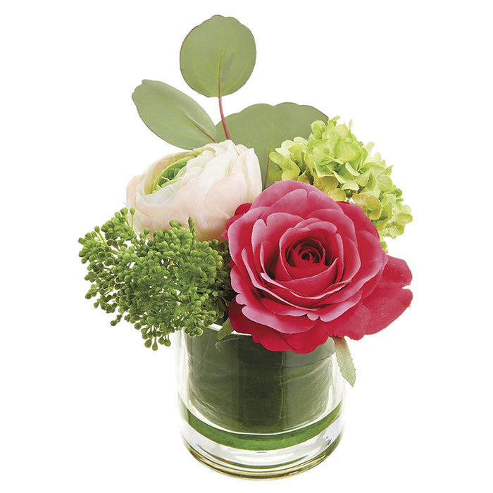 5.25" Silk Ranunculus, Rose & Snowball Flower Arrangement w/Glass Vase -Beauty/Pink (pack of 6) - LFX018-BT/PK