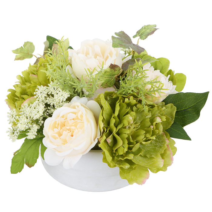 7.5" Silk Hydrangea, Peony & Queen Anne's Lace Flower Arrangement w/Cement Pot -Green/Cream (pack of 4) - LFX024-GR/CR