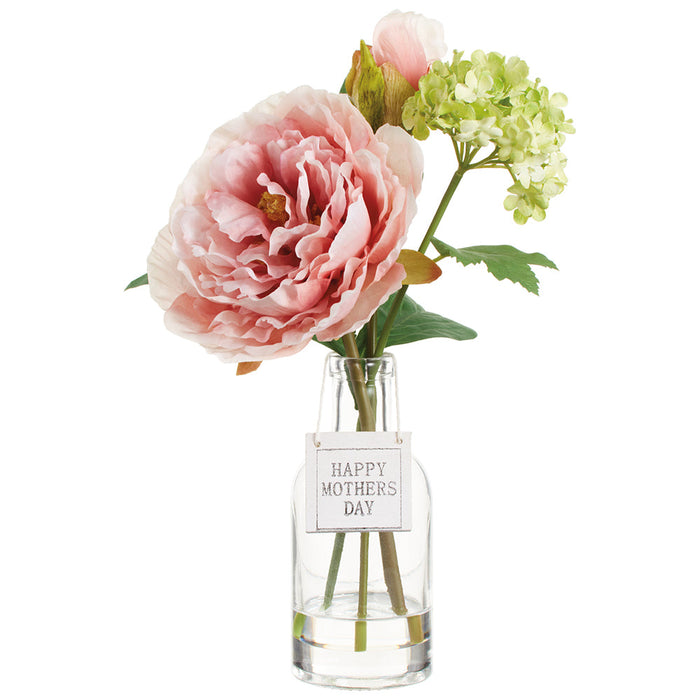 11" Peony & Snowball Silk Flower Arrangement w/Glass Vase -Pink/Green (Pack of 6) - LFX098-PK/GR