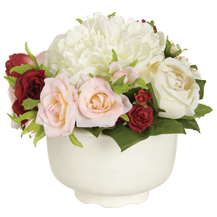 6" Rose & Peony Silk Flower Arrangement w/Terra Cotta Pot -Cream/Blush (pack of 4) - LFX101-CR/BS