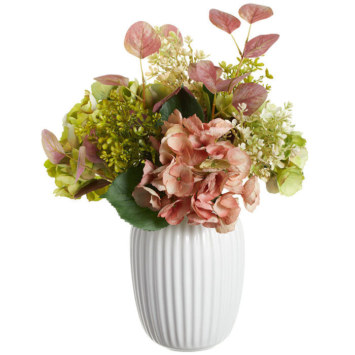 17.5" Hydrangea, Lilac & Eucalyptus Leaf Silk Flower Arrangement w/Ceramic Vase -Pink/Green (Pack of 2) - LFX102-PK/GR