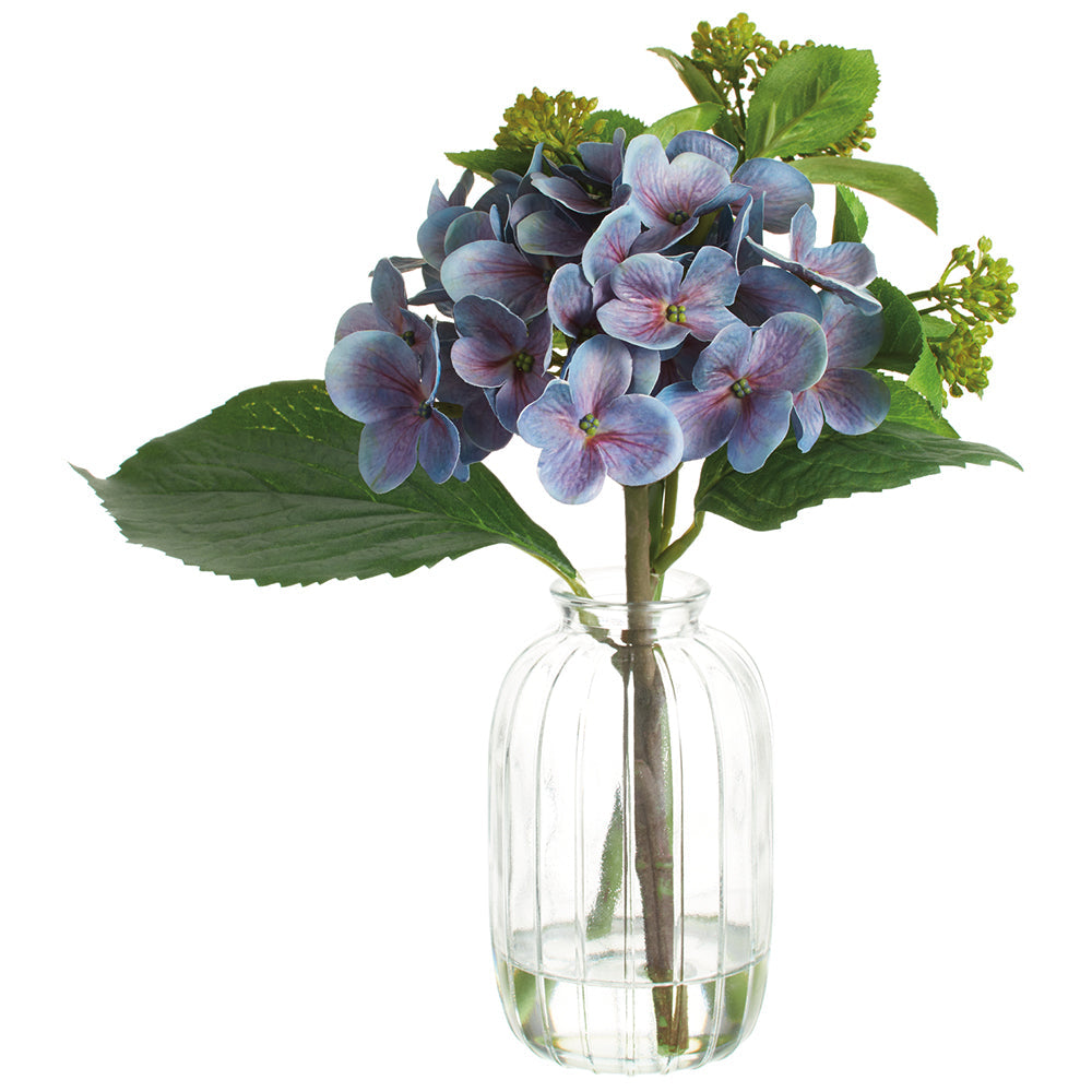 9" Hydrangea & Skimmia Silk Flower Arrangement w/Glass Vase -Purple (pack of 6) - LFX103-PU