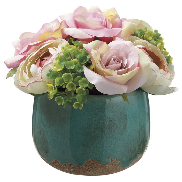 6" Rose & Hydrangea Silk Flower Arrangement -Pink/Green (pack of 4) - LFX135-PK/GR