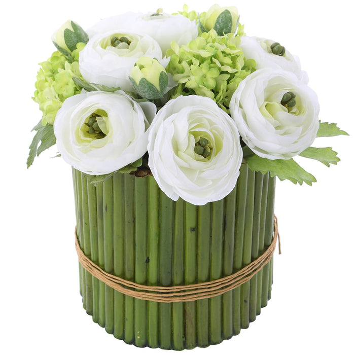 9" Silk Ranunculus & Snowball Flower Arrangement w/Tube Planter -White/Green (pack of 3) - LFX142-WH/GR