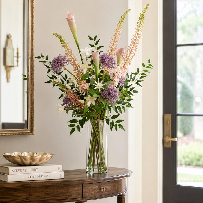 45" Foxtail Lily, Allium & Clematis Silk Flower Arrangement w/Glass Vase -Pink/Lavender - LFX194-PK/LV