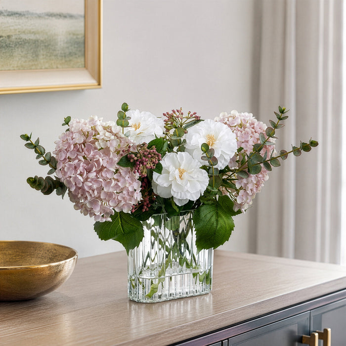 14.5" Cone Hydrangea, Rose & Eucalyptus Leaf Silk Flower Arrangement w/Glass Vase -Pink/Green - LFX197-PK/GR