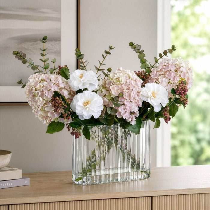 16.5" Cone Hydrangea, Rose & Eucalyptus Leaf Silk Flower Arrangement w/Glass Vase -Pink/Green - LFX198-PK/GR