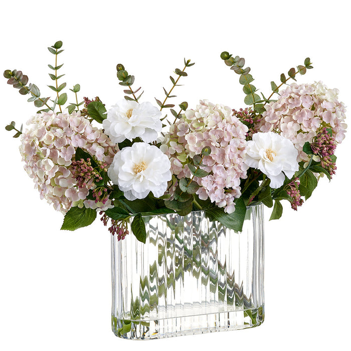 16.5" Cone Hydrangea, Rose & Eucalyptus Leaf Silk Flower Arrangement w/Glass Vase -Pink/Green - LFX198-PK/GR