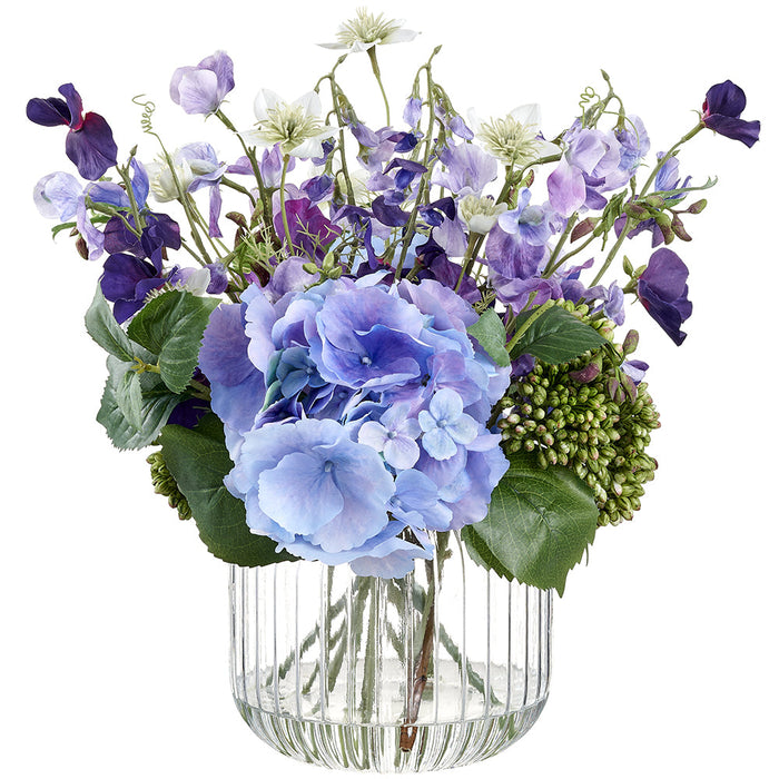 17" Hydrangea, Sweet Pea & Nigella Silk Flower Arrangement w/Glass Vase -Purple/Cream - LFX200-PU/CR