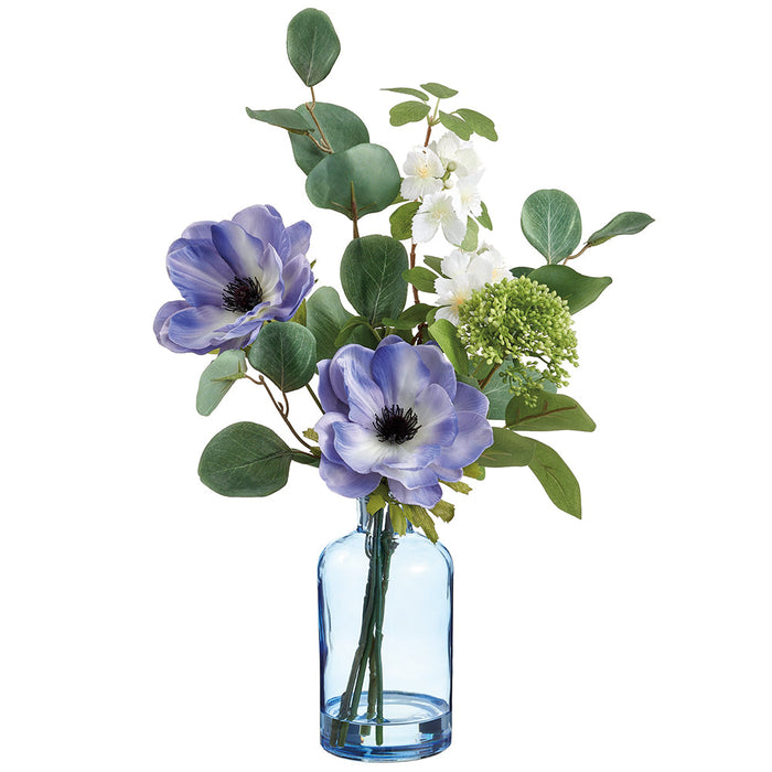 15" Anemone, Dianthus & Sedum Silk Flower Arrangement w/Glass Vase -Blue/White (Pack of 2) - LFX425-BL/WH