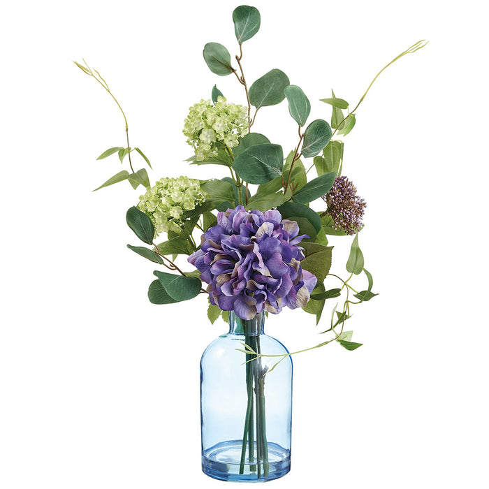 20" Hydrangea, Snowball & Sedum Silk Flower Arrangement w/Glass Vase -Purple/Green (Pack of 4) - LFX426-PU/GR