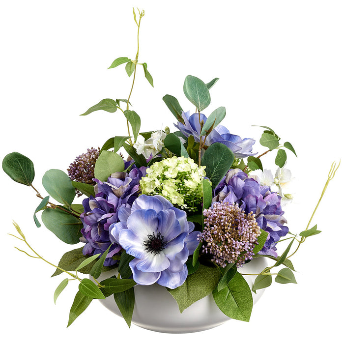 10" Hydrangea, Anemone & Snowball Silk Flower Arrangement w/Ceramic Vase -Purple/Green (pack of 2) - LFX428-PU/GR