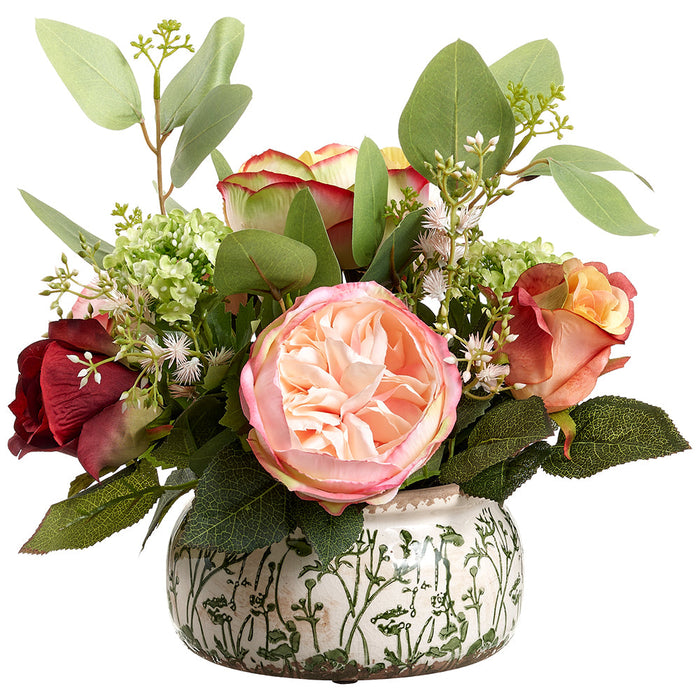 12" Rose, Snowball & Eucalyptus Leaf Silk Flower Arrangement w/Ceramic Vase -Mixed Colors - LFX432-MX