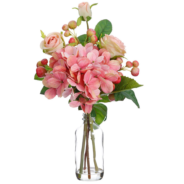 14.5" Rose & Hydrangea Silk Flower Arrangement w/Glass Vase -2 Tone Pink (Pack of 6) - LFX450-PK/TT