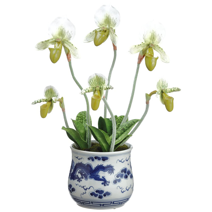 18" Handwrapped Silk Lady's Slipper Orchid Flower Arrangement w/Ceramic Vase -Green (pack of 2) - LHO019-GR