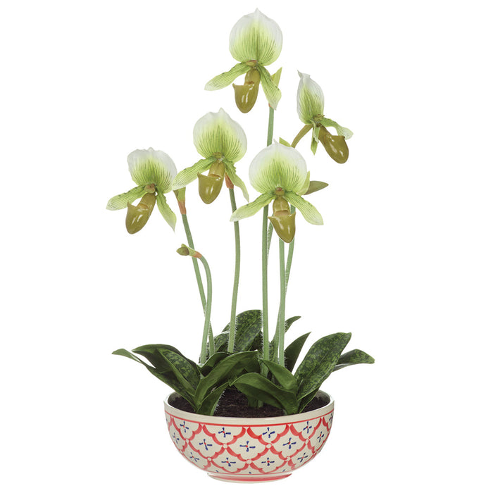 19.5" Hand-Wrapped Lady's Slipper Orchid Artificial Flower Arrangement w/Ceramic Vase -Cream/Green - LHO515-CR/GR