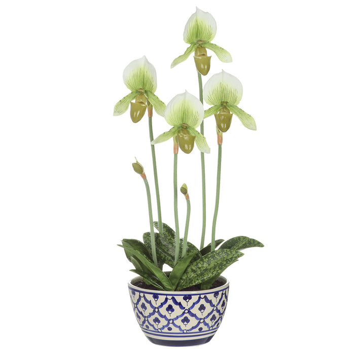 20" Hand-Wrapped Lady's Slipper Orchid Artificial Flower Arrangement w/Ceramic Vase -Cream/Green - LHO525-CR/GR