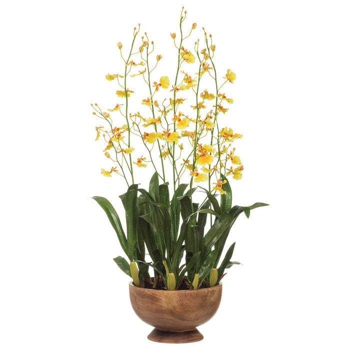 41" Hand-Wrapped Oncidium Orchid Artificial Flower Arrangement w/Wood Planter -Yellow - LHO540-YE
