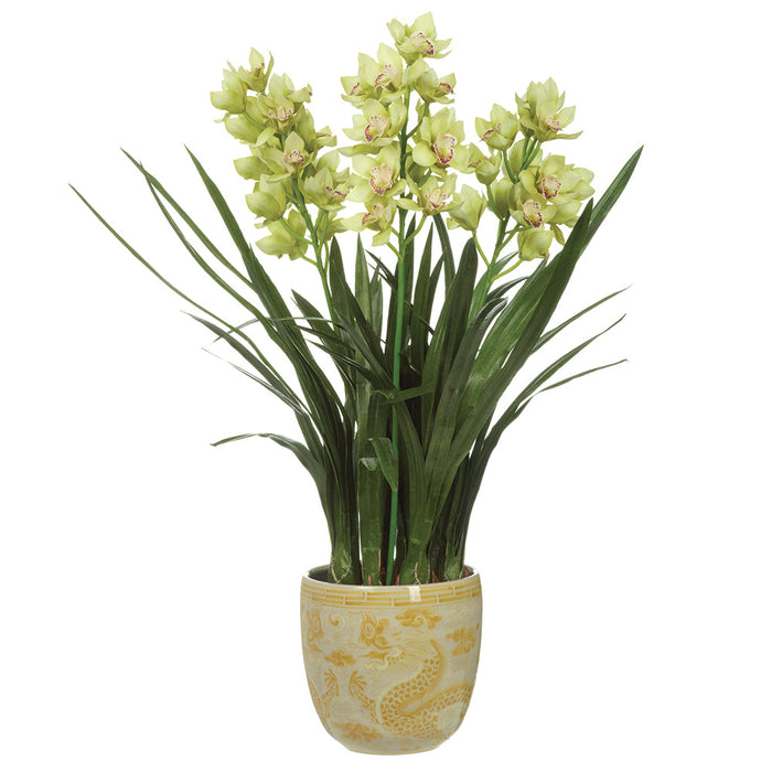 46" Hand-Wrapped Cymbidium Orchid Artificial Flower Arrangement w/Ceramic Planter -Green - LHO570-GR