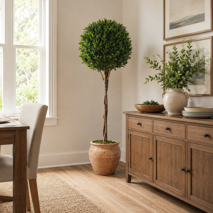 5' Bay Leaf Laurel Ball-Shaped Silk Topiary Tree With Braided Trunk w/Pot -Green (Pack of 2) - LPB035-