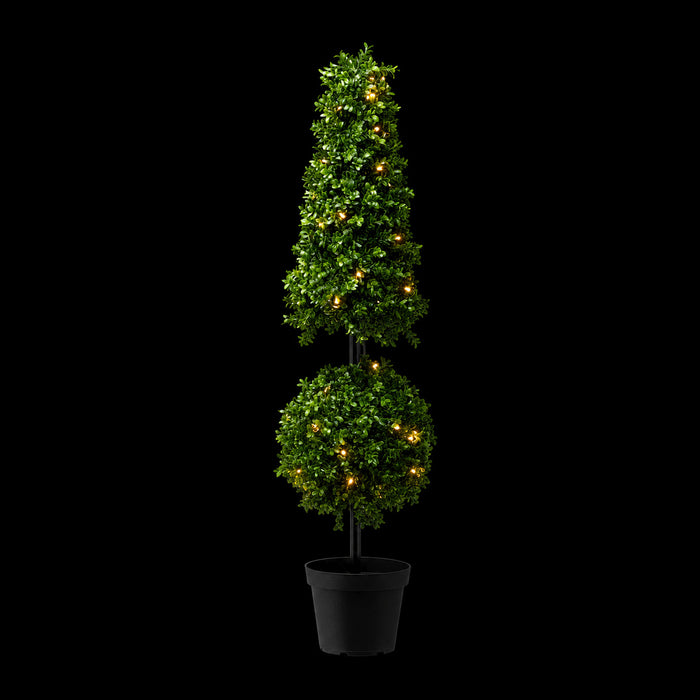 42" Outdoor UV-Resistant Artificial Boxwood Ball & Cone-Shaped Topiary w/Pot, Battery LED Pre-Lit -Green - LPB252-GR