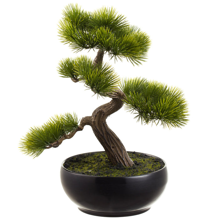 11" Black Pine Silk Bonsai Plant w/Plastic Pot -Green (Pack of 4) - LQB198-GR