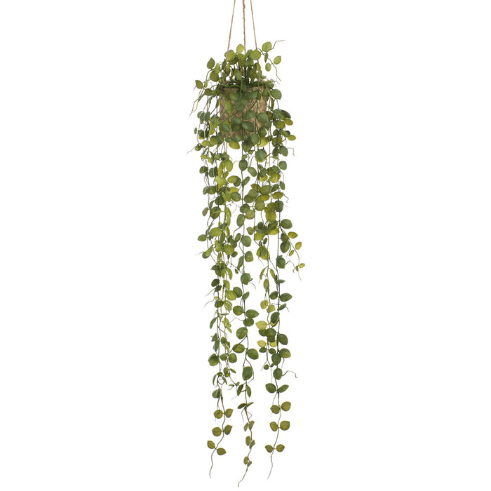 35" Button Leaf Silk Plant w/Hanging Basket -2 Tone Green (Pack of 6) - LQB447-GR/TT