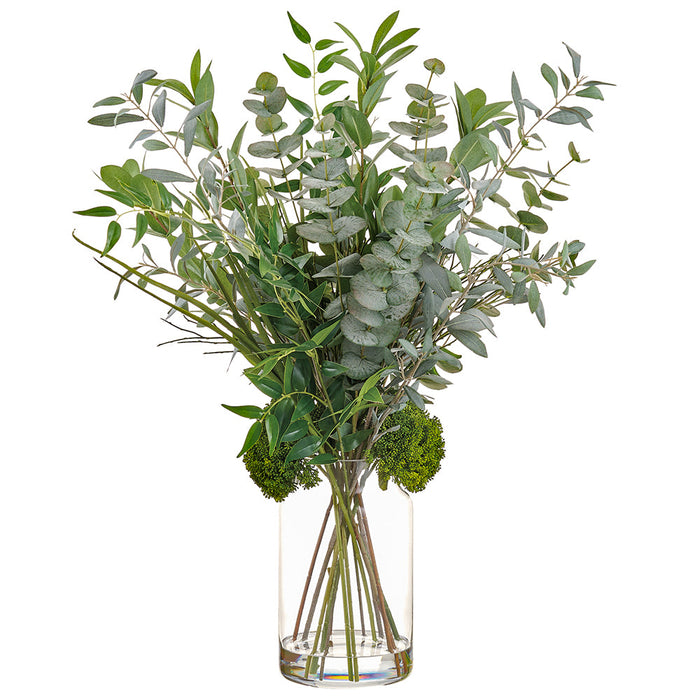 34" Eucalyptus & Ruscus Leaf Silk Arrangement w/Glass Vase -Green/Gray - LQE182-GR/GY