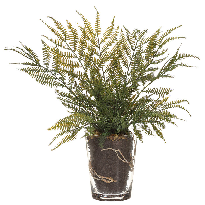 15" Fern Leaf Artificial Plant w/Glass Vase -Green (pack of 4) - LQF016-GR