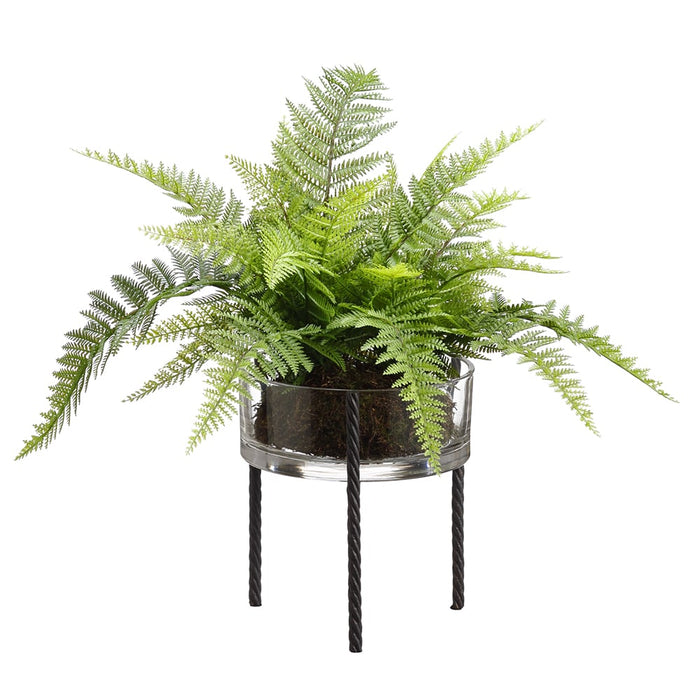15.5" Artificial Leather Fern Plant w/Glass Vase & Metal Stand -Green (pack of 2) - LQF117-GR