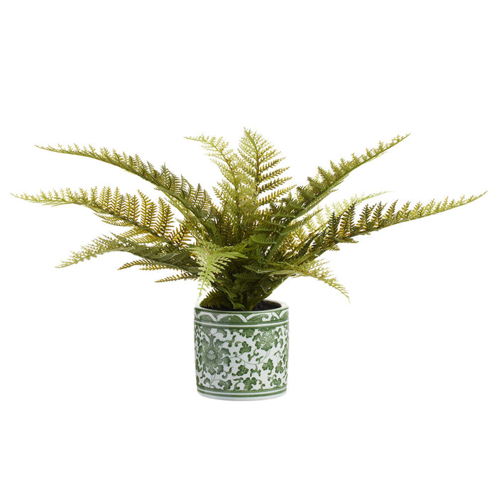 10" Leather Fern Leaf Silk Plant w/Ceramic Vase -Green (Pack of 4) - LQF118-GR