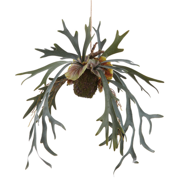 26" PE Staghorn Fern Artificial Plant w/Hanging Soil & Moss Basket -Green/Gray (Pack of 4) - LQF250-GR/GY